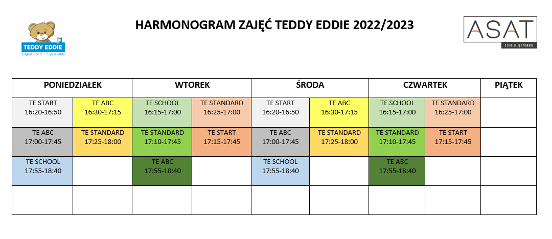 Harmonogram zajęć Teddy Eddie 2022/2023